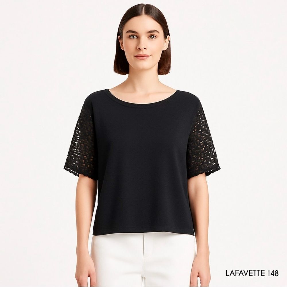 LAFAYETTE 148 Eyelet Sleeve Knit Top Black Lyocell Blend Boxy Fit